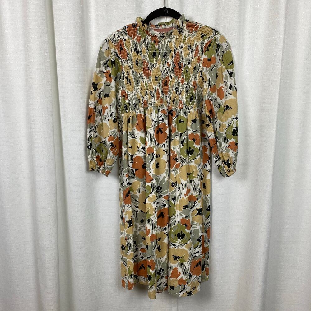 Jessakae Tan&Cream Fall Floral Smocked Bodice Long Sleeve Dress Sz.12-14Y
